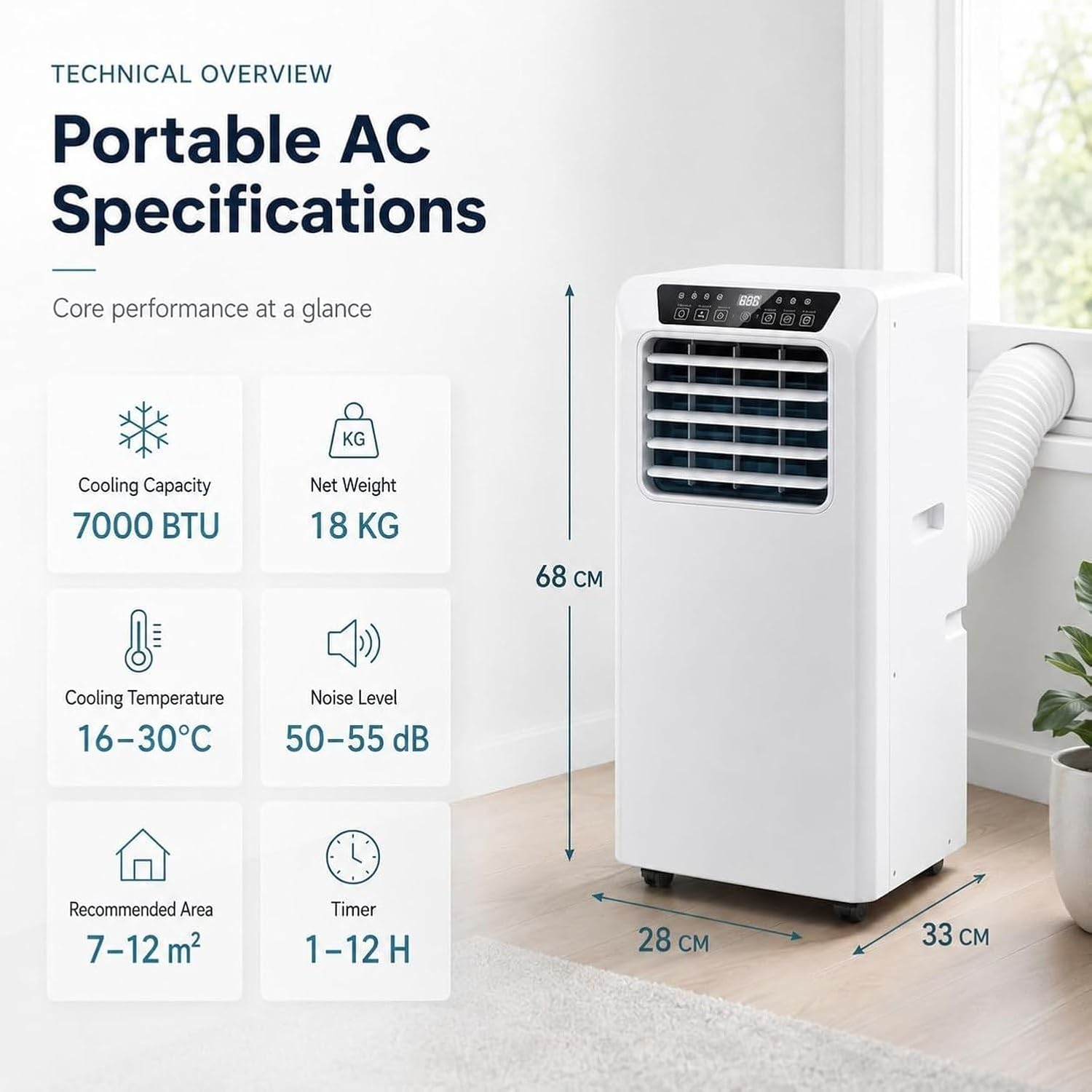Portable Air Conditioner 9000 BTU Cool Only Unit with Remote Control and 12-Hour Programmable Timer 7000 BTU, 3-in-1 Fan Dehumidifier Mode with LED Touch Panel, 7000BTU, 7000BTU 7000btu 7000BTU