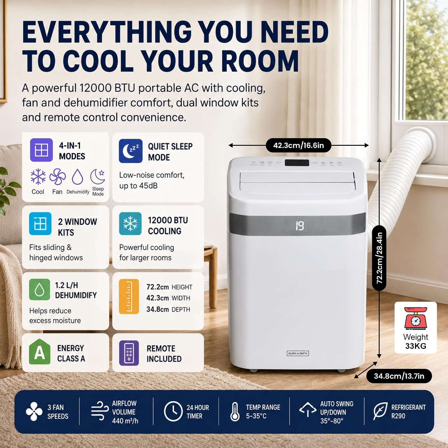 Olsen & Smith 12000 BTU 4-in-1 Portable Air Conditioner & Dehumidifier