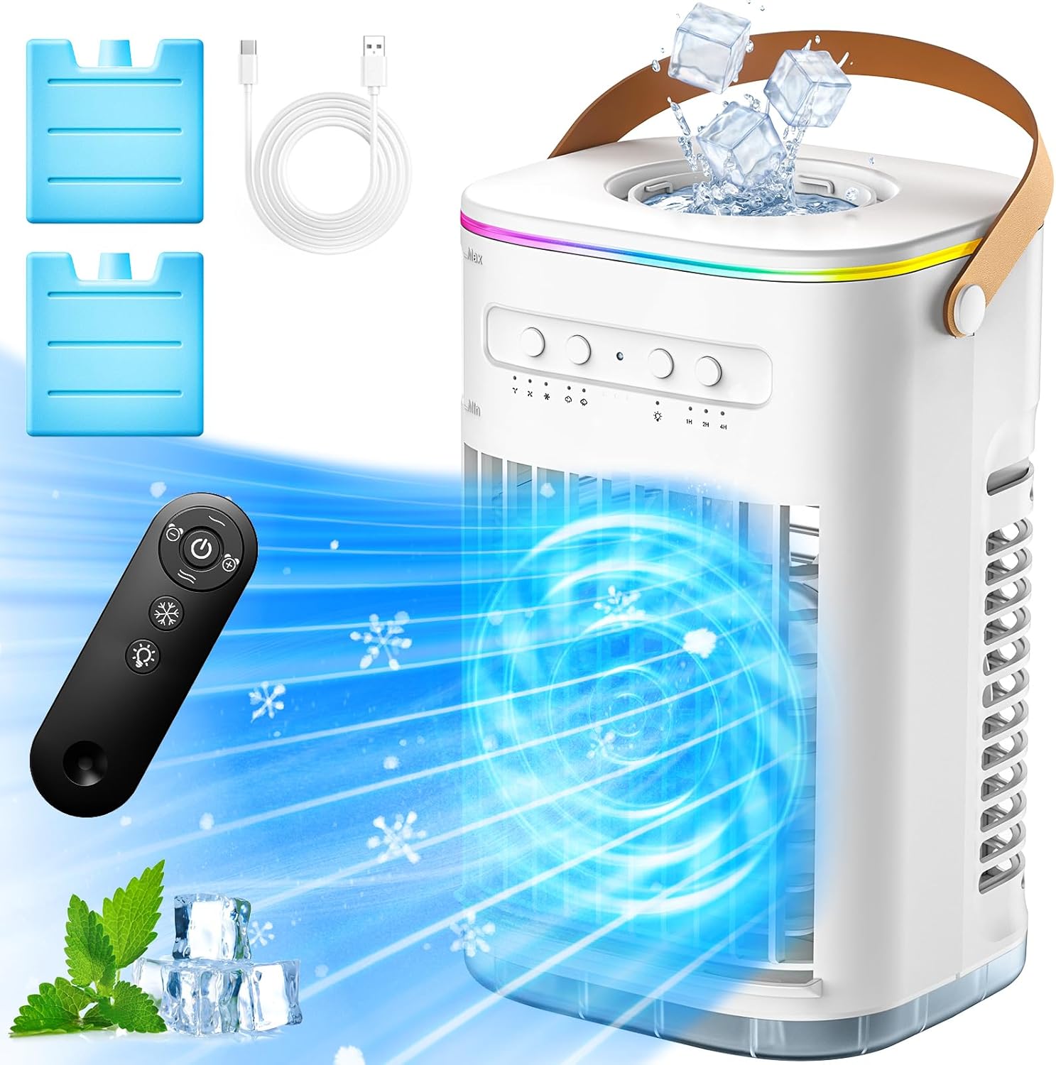4-IN-1 Personal Air Conditioner w/Remote, 2 Ice Packs, 1200ML Tank, 7H Timer for Smart Auto-Off,2 Cool Mist,3-Speed Small Portable Air Conditioner, 7-LED Light Evaporative Air Cooler for Room