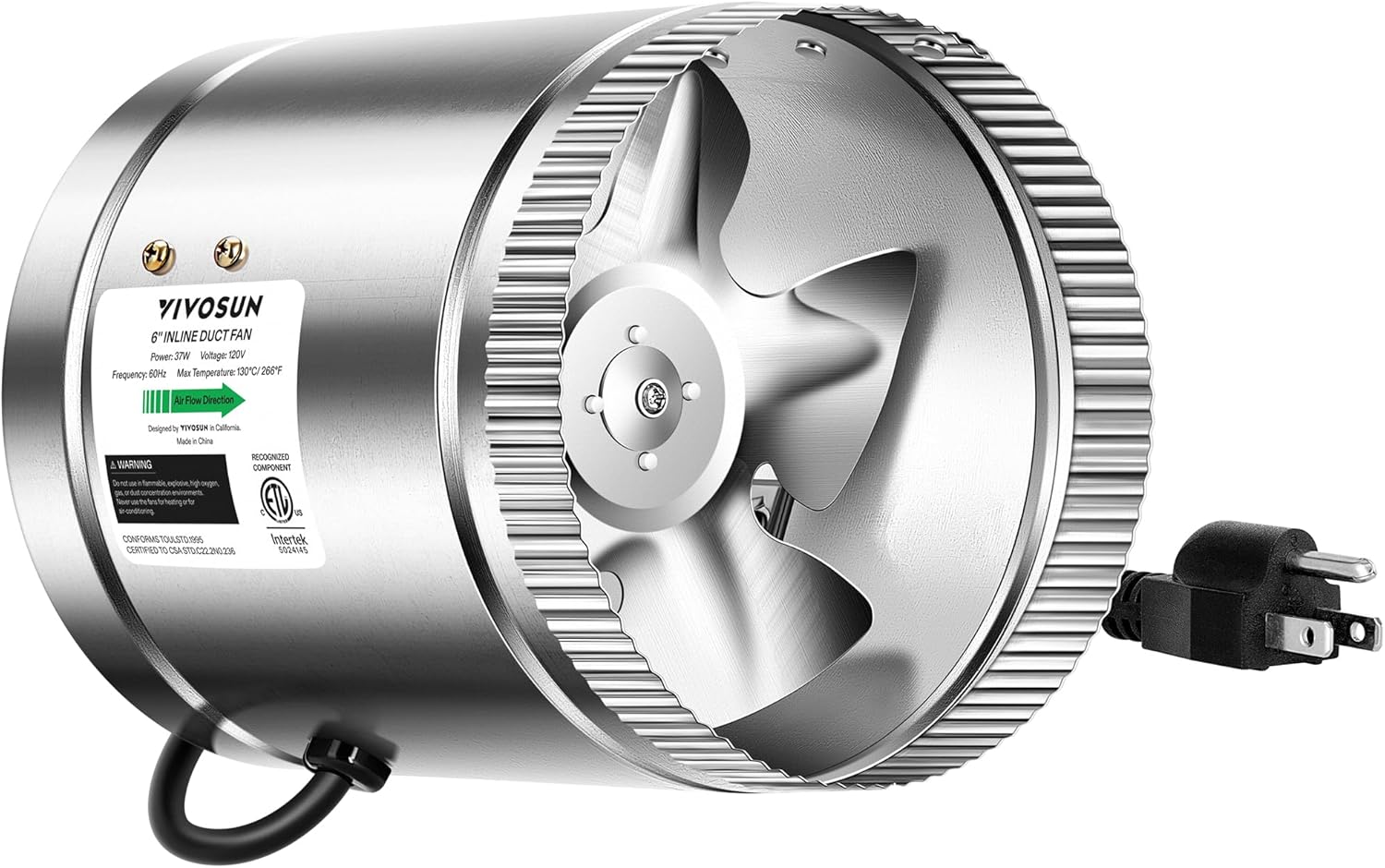 6 Inch Inline Duct Fan 240 CFM, HVAC Exhaust Ventilation Fan with Low Noise for Basements, Bathrooms, Kitchens and Attics, Silver Metal 6"& No Speed Controller