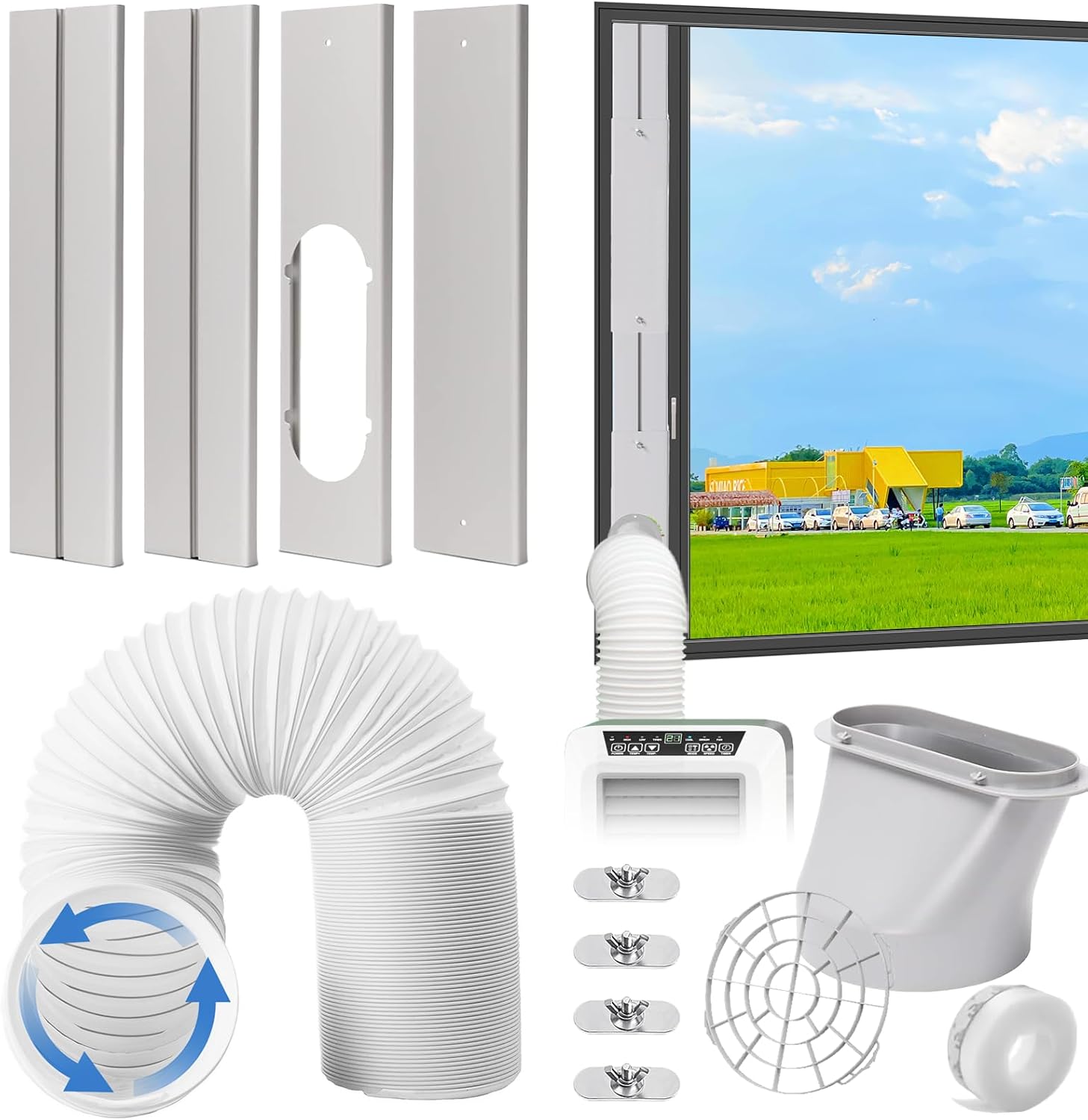 Portable AC Window Vent Kit, Adjustable Vertical/Horizontal Sliding Window Kit Plate for AC Unit, Seamless Portable AC Window Seal With 5.9 Inch Diameter, 59 Inch Length Exhaust Hose 59'' Kit Exhaust Hose