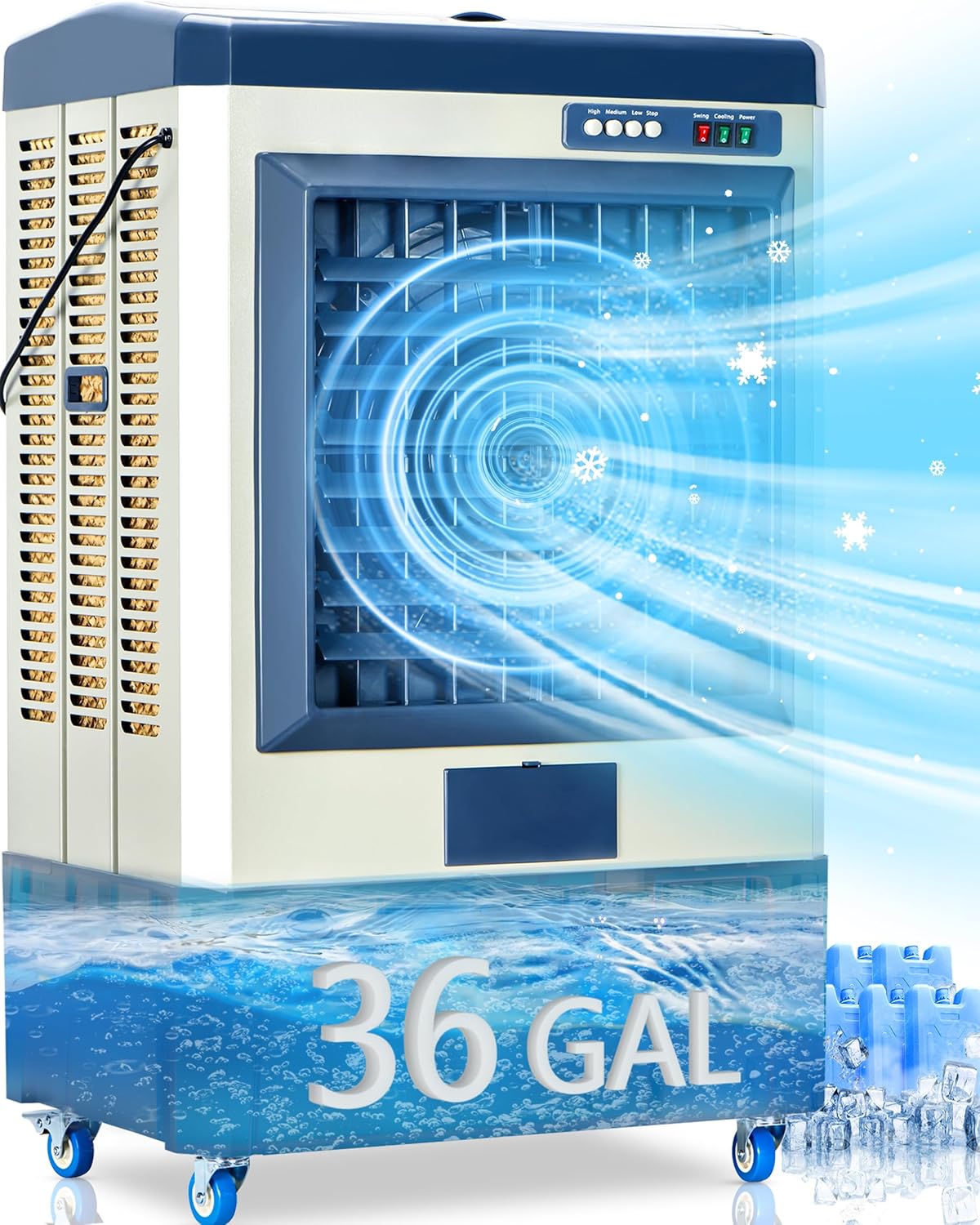 8979 CFM Swamp Cooler, 58" Evaporative Air Cooler with 36 Gal Water Tank, 5 Ice Box, 120° Oscillation, Portable Air Conditioner with 3 Speeds, Outdoor Cooling Fan for Garage, Patio, Factory Use 58 Inch