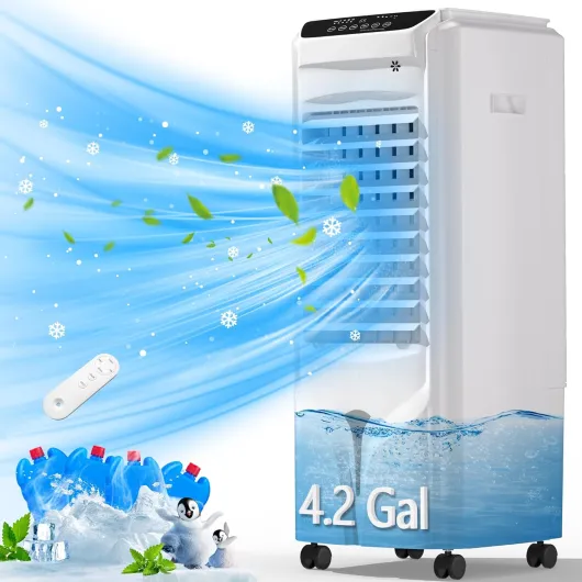1800 CFM Swamp Cooler Air Conditioner,3-IN-1 Evaporative Air Cooler with 4.2Gal Water Tank & 4 Ice Packs,120° Swing,12H Timer,Remote,3 Modes & 3 Speeds,Air Cooler for Room Bedroom Office,Arctic White