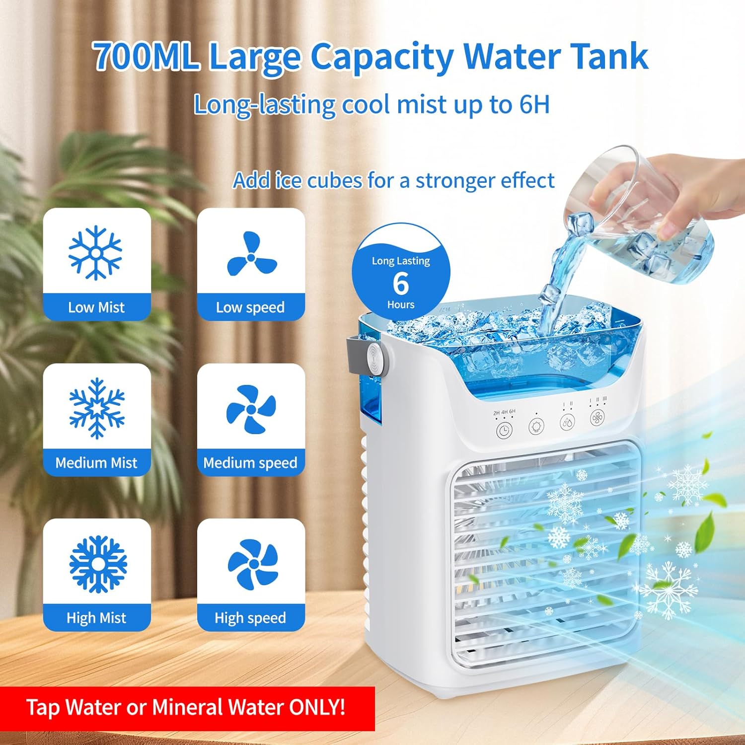 Portable Air Cooler, 4-in-1 Mini Air Cooler With 3 Wind Speed & RGB 7 LED Light & 700ml Water Tank 2-6H Timer, Air Conditioner for Home, Office, Bedroom [Energy Class A+]