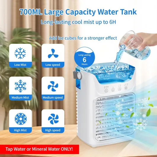 Portable Air Cooler, 4-in-1 Mini Air Cooler With 3 Wind Speed & RGB 7 LED Light & 700ml Water Tank 2-6H Timer, Air Conditioner for Home, Office, Bedroom [Energy Class A+]