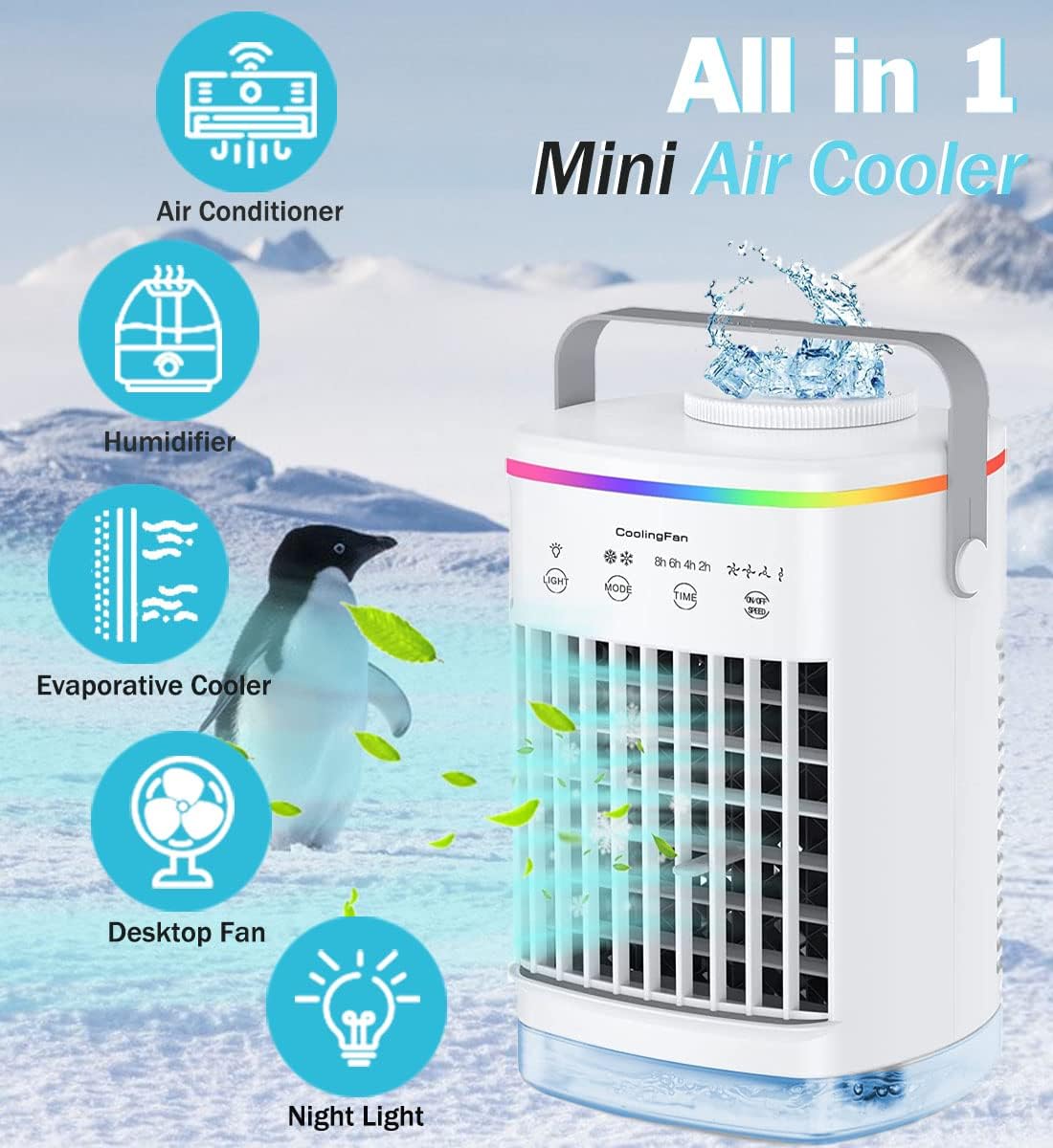 Portable Air Cooler, Mini Mobile Air Conditioner, RGB 7 LED Light, 4 Speeds, Timed function Modes Room Cooler, Air Coolers for Home, Office, Bedroom Off-white