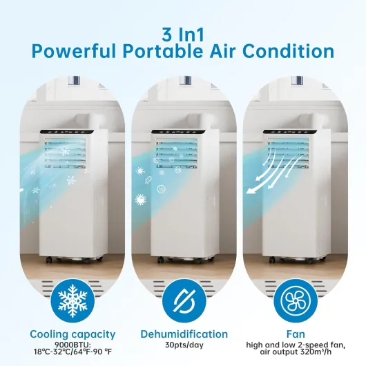 Portable Air Conditioner 9000 Btu/H, 3-In-1 Portable Air Conditioner, Fan, Dehumidification, Ventilation With Remote Control, Dual Digital Display, 24H Timer, Sleep Mode 9000BTU