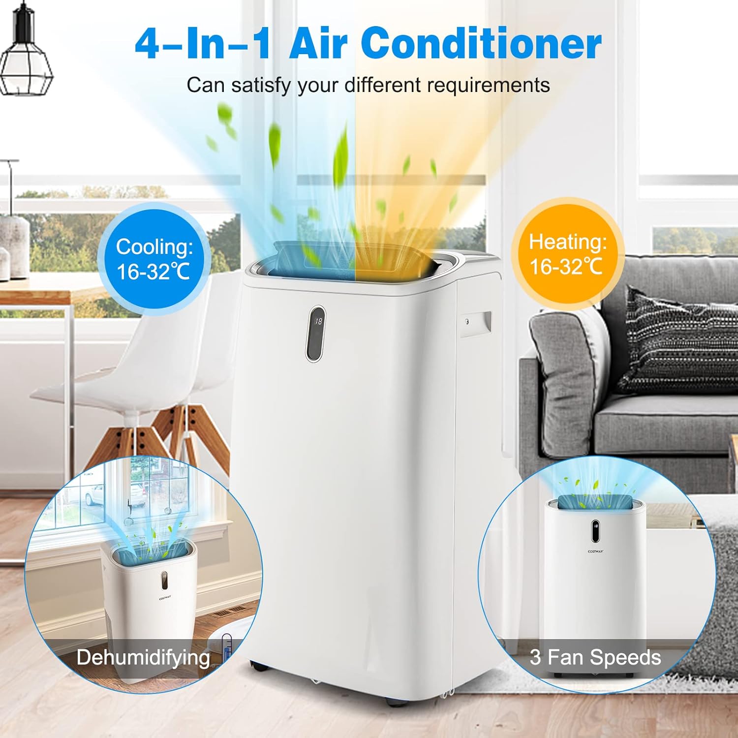 5 in 1 Portable Air Conditioner, 12000BTU/14000BTU Mobile Heater, Cooler, Fan, Dehumidifier with Sleep Mode, 24H Timer, 3 Fan Speed, Remote Control & Window Kit (12000BTU)