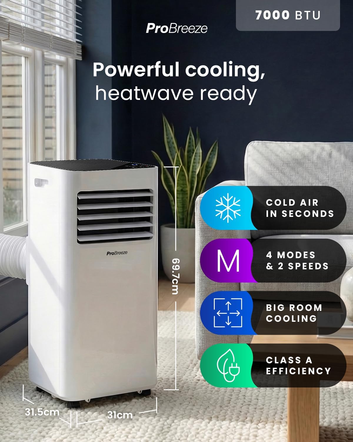 4-in-1 Portable Air Conditioner 7000 BTU with Remote Control, 24 Hour Timer & Dual Window Venting Kit Included - Powerful Air Conditioning Unit with Class A Energy Efficiency Rating 7,000 BTU