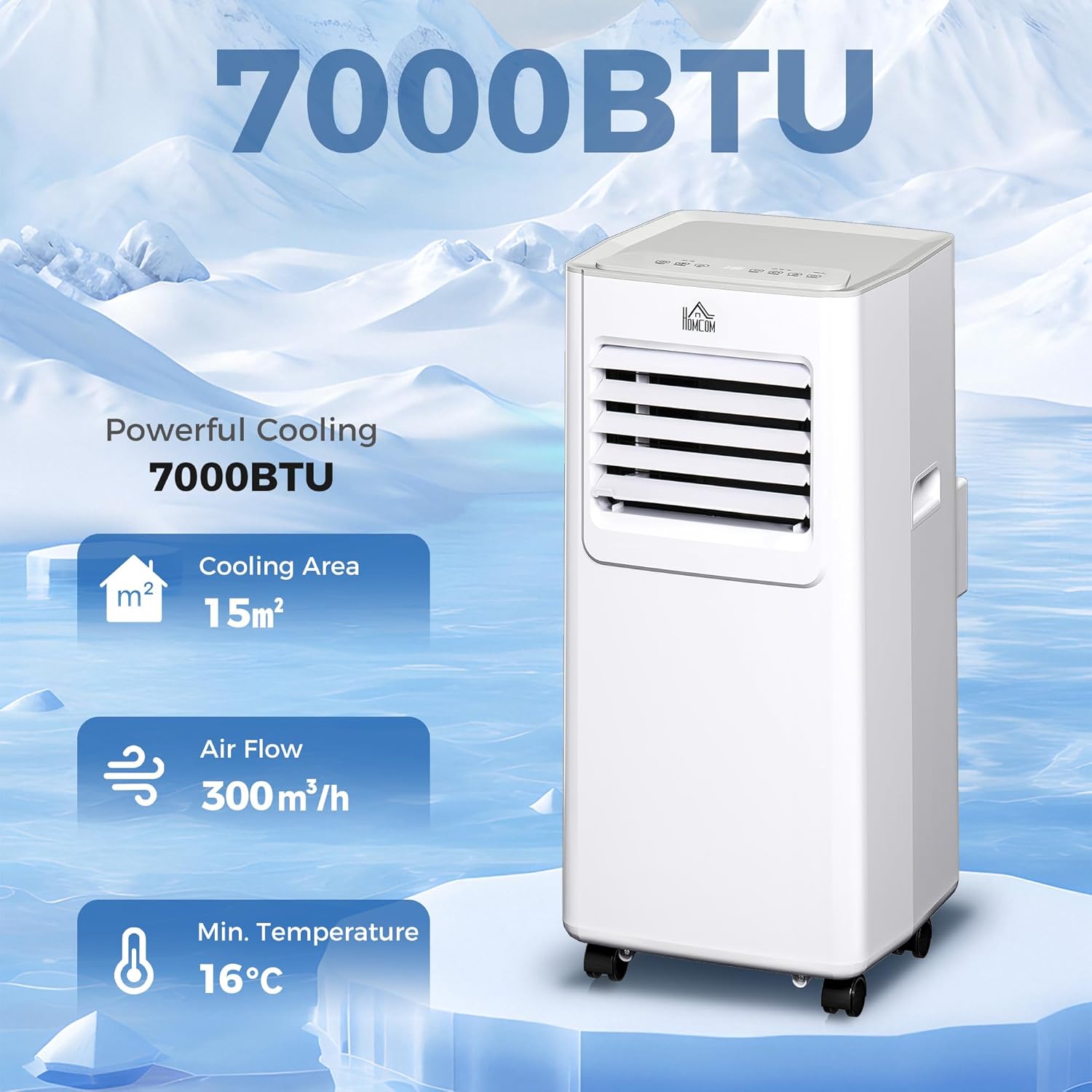 7000 BTU Portable Air Conditioner, 4-in-1 Air Conditioning Unit, Dehumidifier, Cooling, Fan, Sleep Mode, with Remote Control, 2 Speeds, 24H Timer, Window Venting Kit, 15m² 7,000 BTU