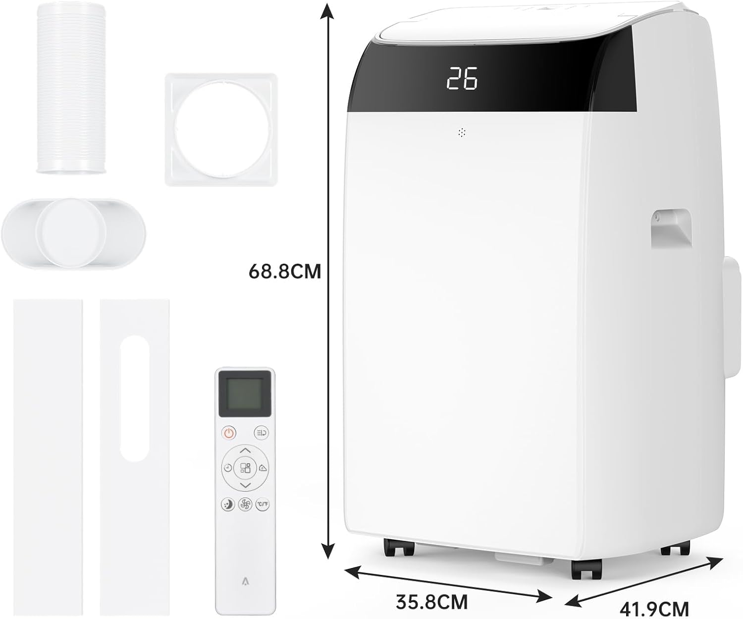 Energy-Saving 12000 BTU Portable Air Conditioner 3-in-1, Efficient Cooling for Large Rooms, Cooling Fan Dehumidifier, Dual Display 24H Timer Sleep Mode Remote Control Window Kit White