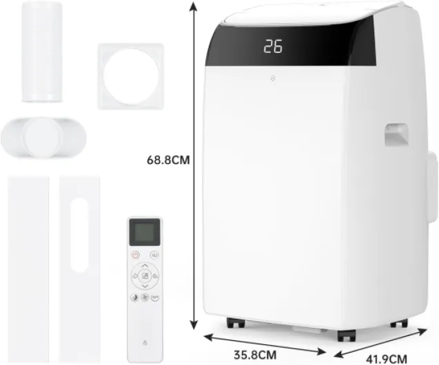 Energy-Saving 12000 BTU Portable Air Conditioner 3-in-1, Efficient Cooling for Large Rooms, Cooling Fan Dehumidifier, Dual Display 24H Timer Sleep Mode Remote Control Window Kit White
