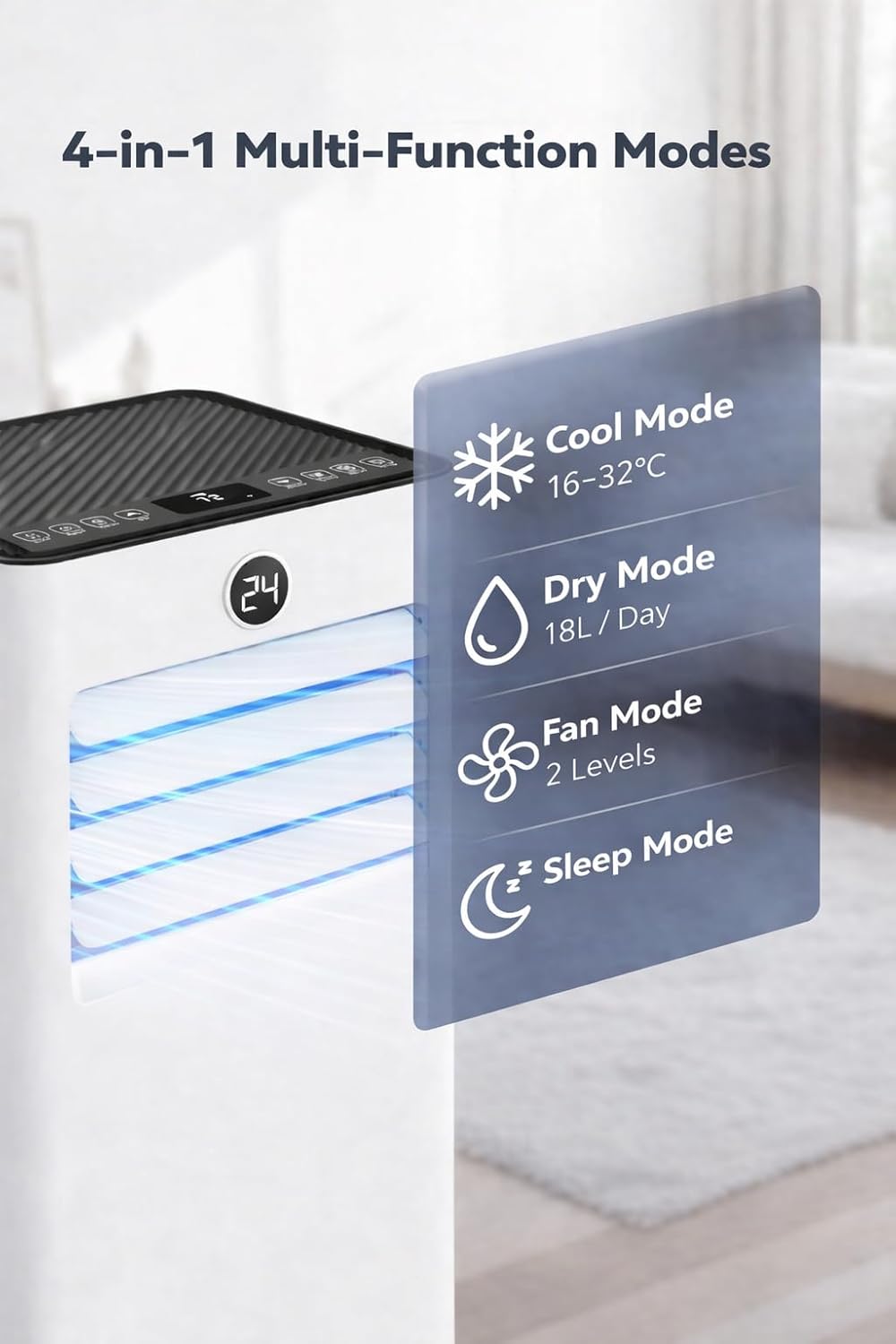 7000 BTU Portable Air Conditioner with Window Kit, 4-in-1 Mobile AC Unit – Cooling, Fan, Dehumidifier & Sleep Mode, Digital Display & Remote Control, for Rooms up to 20 m² Medium