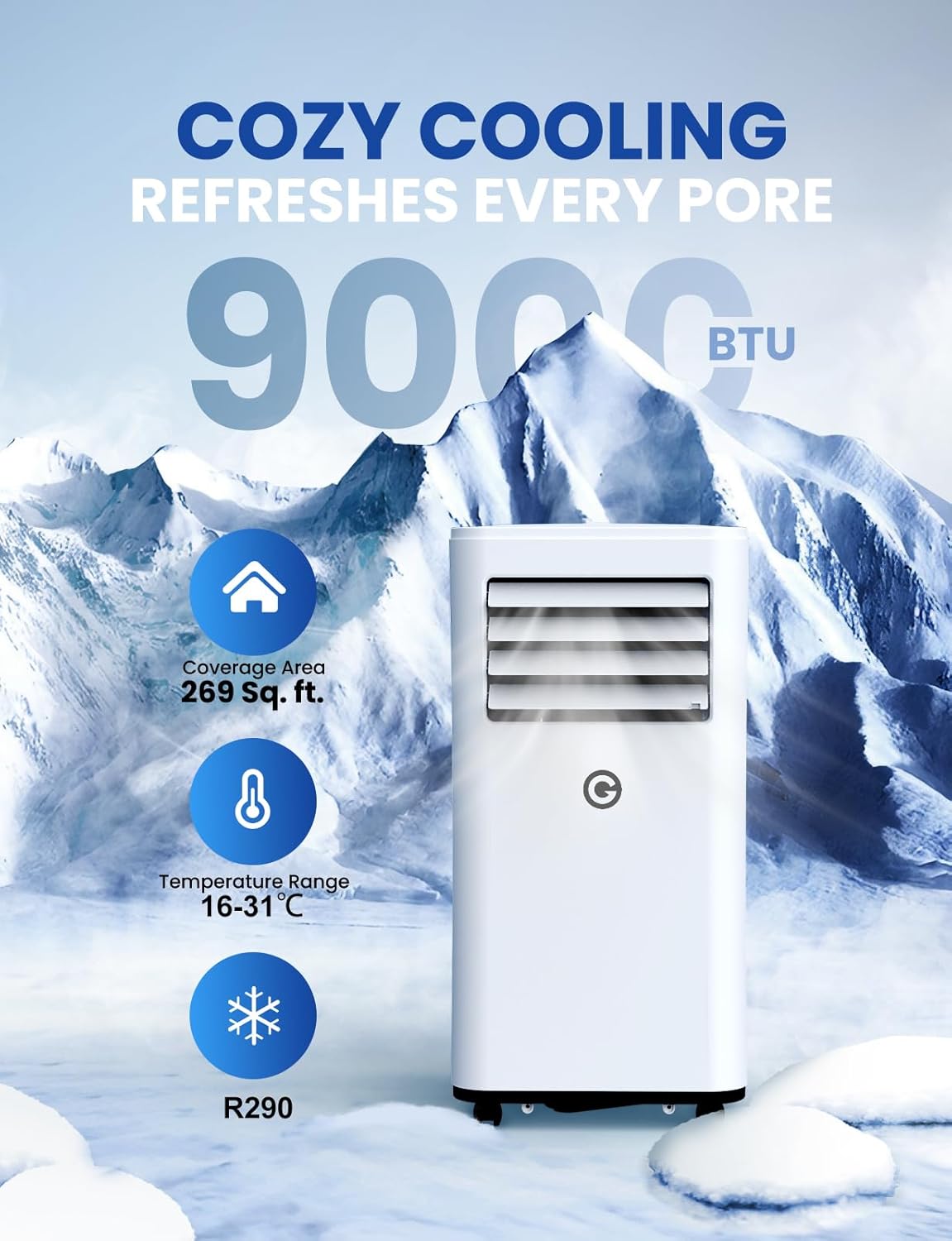KGOGO Air Conditioning Unit Portable Air Conditioner 9000 BTU 4-in-1 Dehumidifier, Cooling Fan with 2 Speeds, Digital Display & Remote Control, Window Kit, 24 Hour Timer for Room up to 269sq.ft Off White