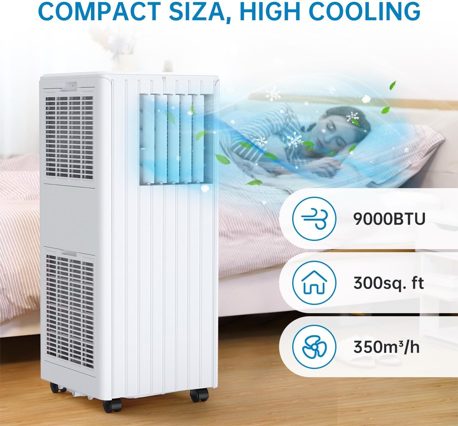 9000 BTU Portable Air Conditioner 3-in-1 – Smart Cooling, Dehumidifier, Fan – Digital Display, Remote, 2 Speeds, 35L/Day Dehumidification – Energy Efficient AC – Home, Bedroom 9000 BTU-White