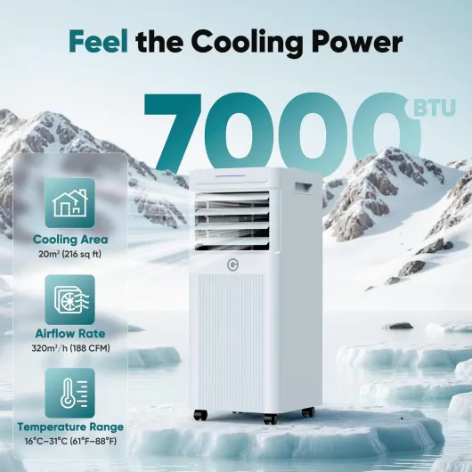 Air Conditioning Unit, Portable Air Conditioner with 4-In-1 Cooling & Dehumidifier & Cooling Fan, Powerful Mobile AC Unit with Remote Control, 24H Timer & Window Kit for Rooms Up to 216sq.ft Frosted White-7000