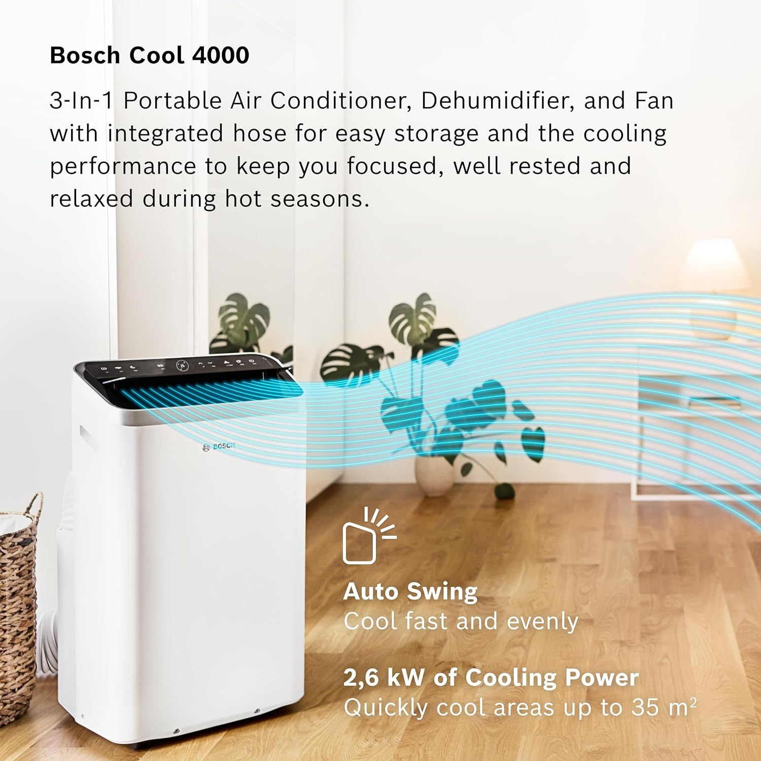 Bosch Cool 4000 Portable AC - 3-in-1 Air Conditioner, Dehumidifier, Fan - 2.6 kW for rooms up to 35m² - Features Auto Mode, Silent Mode & Sleep Mode