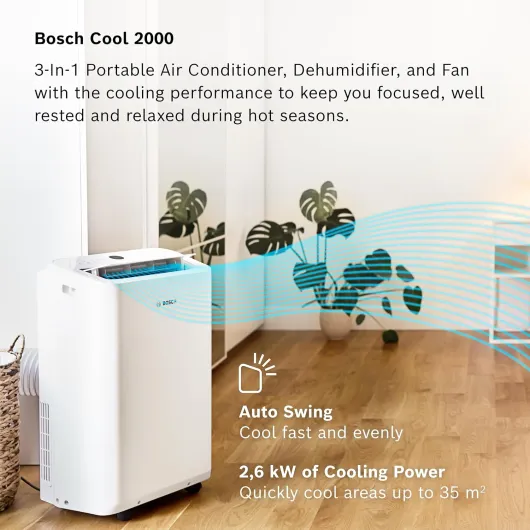 Bosch Cool 2000 Portable AC - 3-in-1 Air Conditioner, Dehumidifier, Fan - 2.6 kW for rooms up to 35m² - With Auto Mode, Silent Mode & Sleep Mode