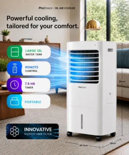 4-in-1 Air Cooler with 10 Litre Capacity, Remote Control, 3 Fan Speeds & LED Display - Powerful Evaporative Air Cooler with Built-in 7.5 Hour Timer & Automatic Oscillation for Home & Office 10L - Larger Unit + Remote + 2 Cooling Packs