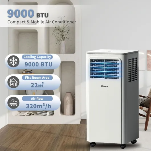 Portable Air Conditioner, 9000 BTU 2,6kW, Cooling, Dehumidifier, Fan, Sleep Mode, For Max 18㎡, Remote Control, 24h Timer, Window Kits [Energy Class A]