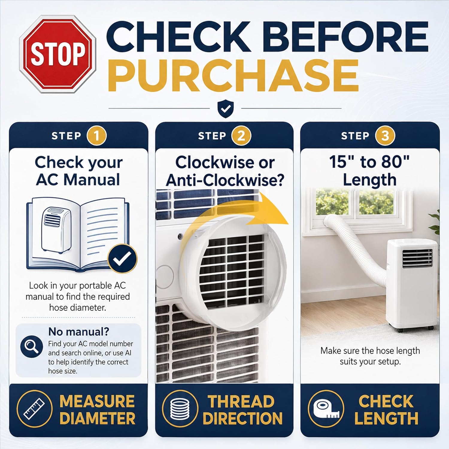 Portable Air Conditioner Hose - AC Hose with 5.9" Diameter, Clockwise Thread & Length up to 80" - Exhaust Hose for Portable Air Conditioner Vent Compatible with Delonghi & LG Air Conditioner Parts 5.9" Clockwise White