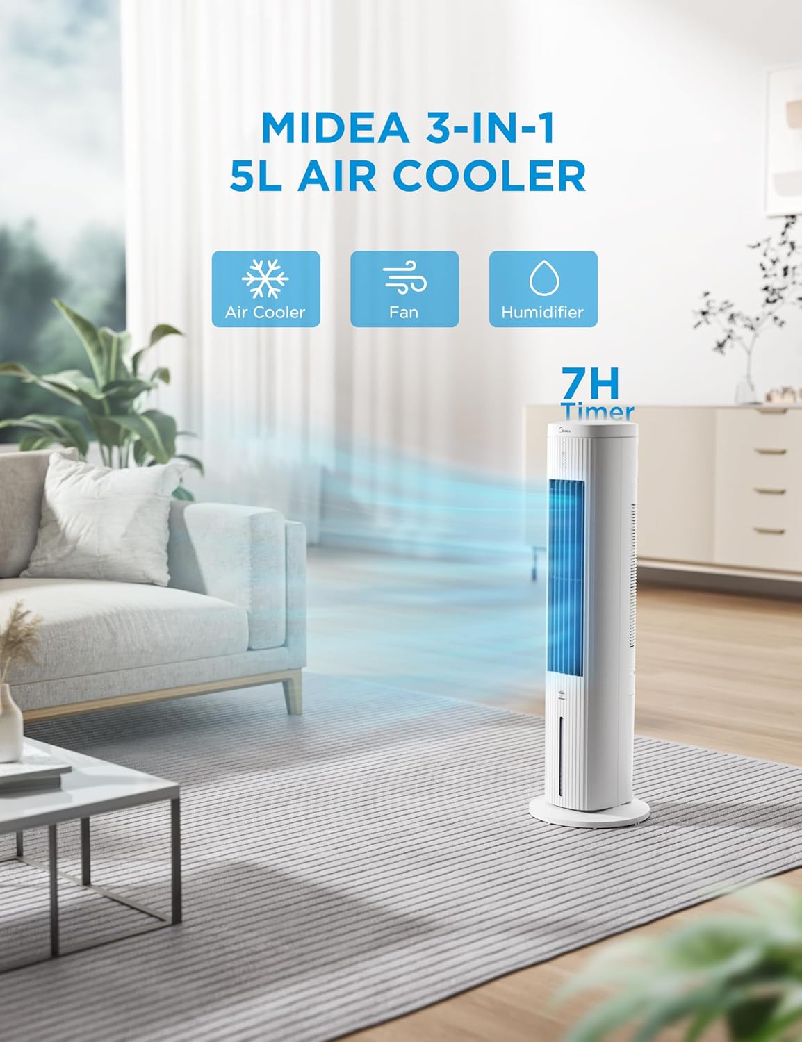 5L Air Cooler, 3-in-1 Portable Air Conditioner with Remote Control, 3 Speeds & 75° Automatic Oscillation, 7H Timer, Low Noise - Cooling Tower Fan and Humidification for Home, Office, Bedroom Standing 45W 5L White