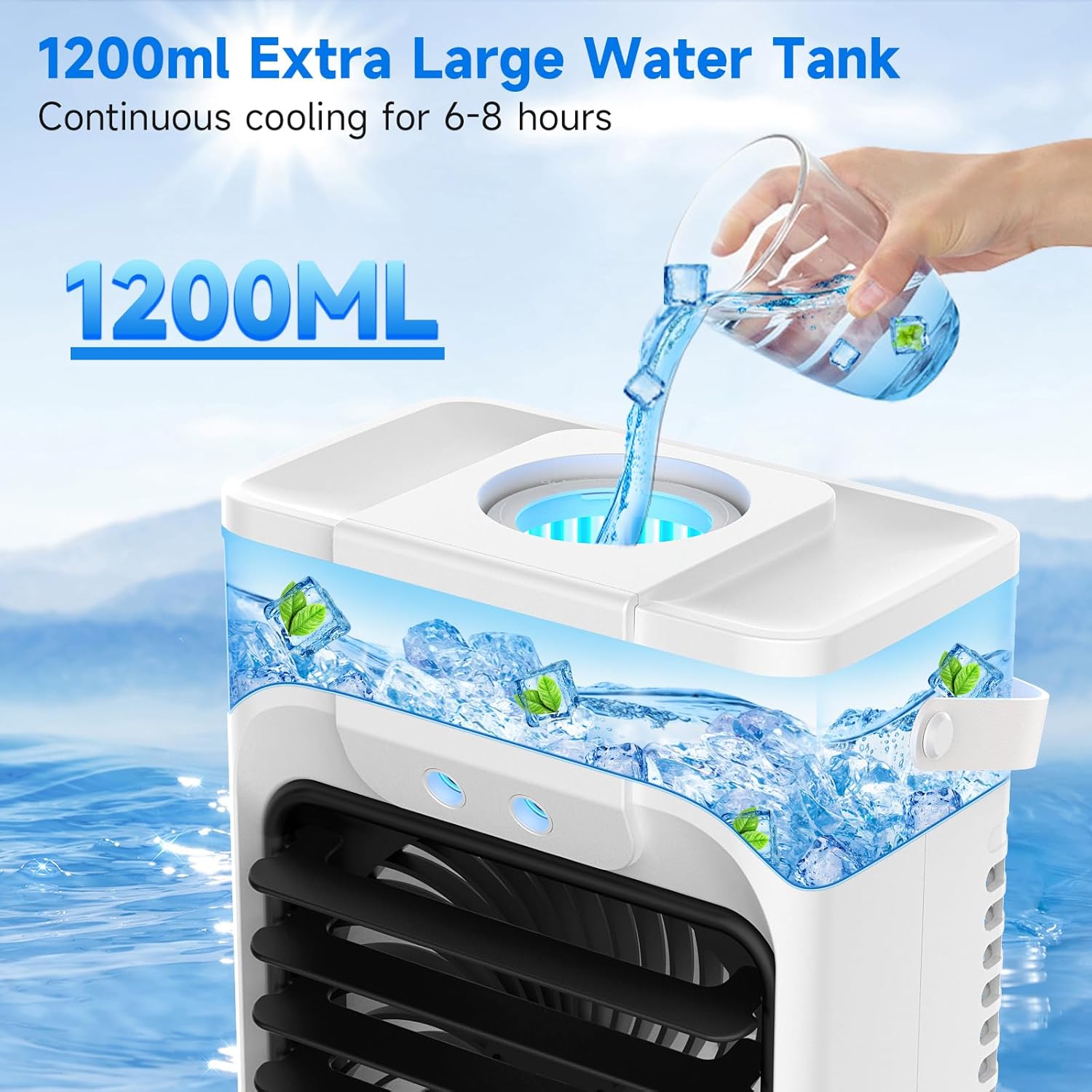1200ml Portable Air Conditioner with Remote Control, 5-in-1 Mini Air Cooler, 3 Wind Speeds & 3 Mists Modes, 2-8H Timer, 7 Colours Light, Mobile Air Cooling Fan for Room/Office, Plug-in