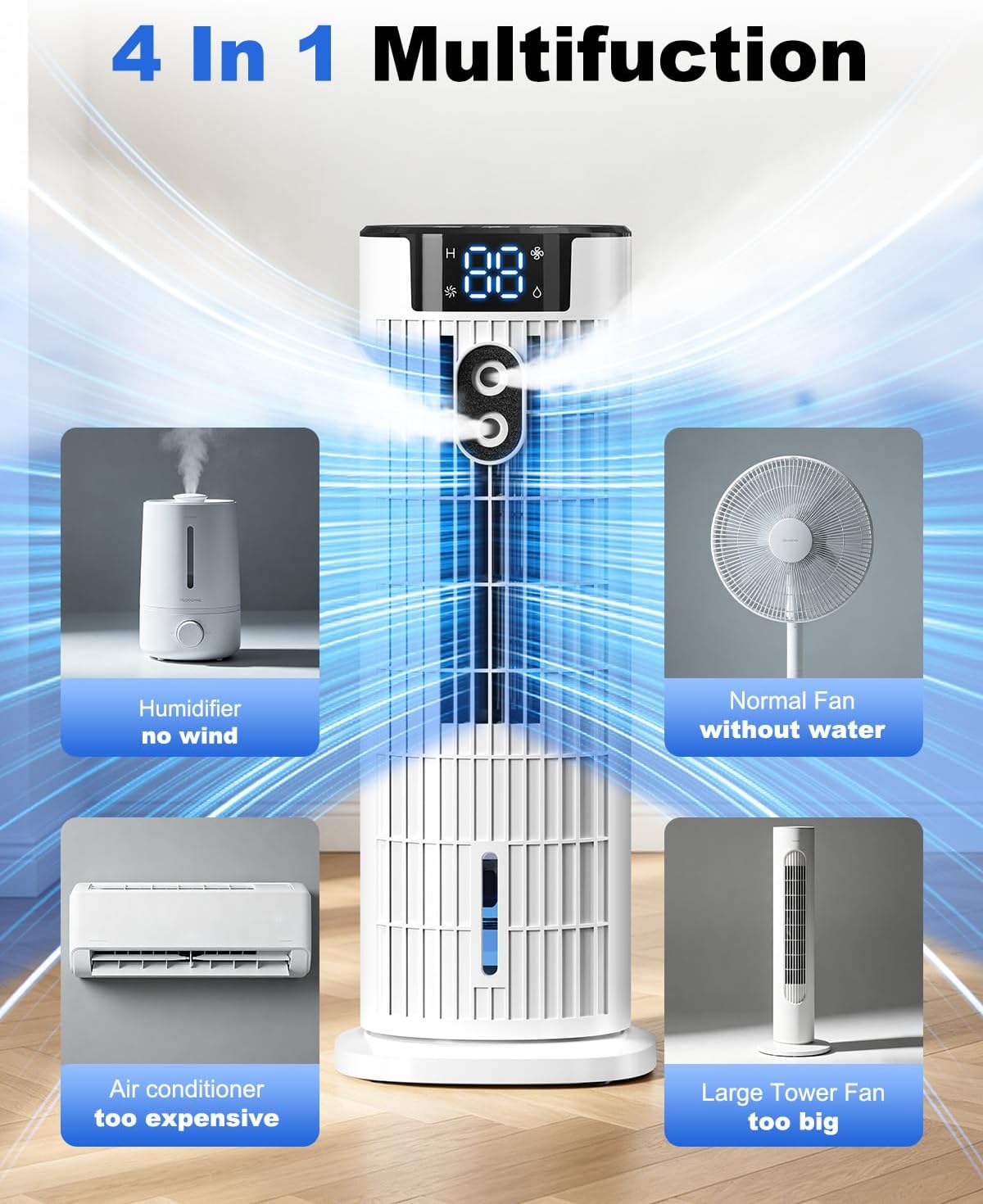 Portable Air Conditioner, 4 in 1 Air Cooler, Tower Fan with 2 Spray Modes, Timing Function and Remote Control, Personal Evaporative Cooler Mini Air Conditioning Unit for Home Office Bedroom(Off White)
