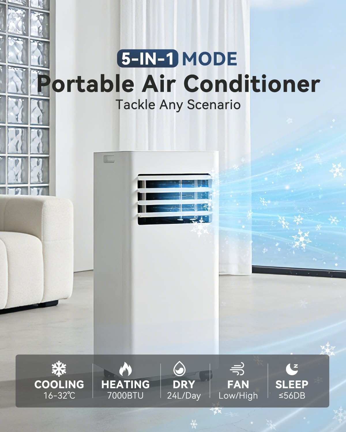 Air Conditioning Unit with Smart Wifi, 9000 BTU Portable Air Conditioner Cools up to 270 sq - ft, 5-IN-1 AC Unit with Cooling&Heating&Dehumidifier&Fan&Sleep Mode, Remote Control, 24H Timer White 9000 BTU with Heat