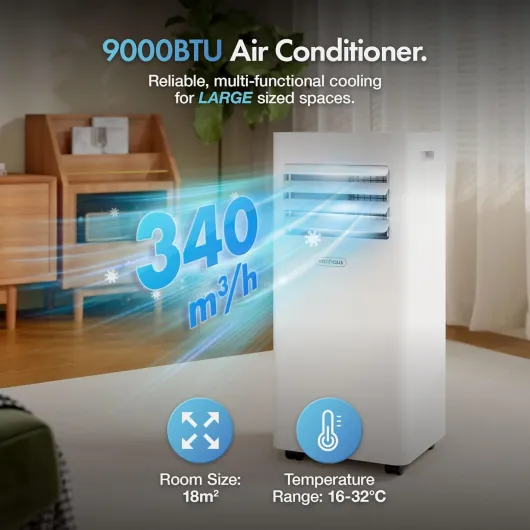 Air Conditioning Unit 9000 BTU – Portable Air Conditioner, Dehumidifier Mode, Air Con, Window Venting Kit, Remote Control, 4 Modes, 2 Speeds, 24hr Timer, LED Display, x4 Wheels, Carry Handles