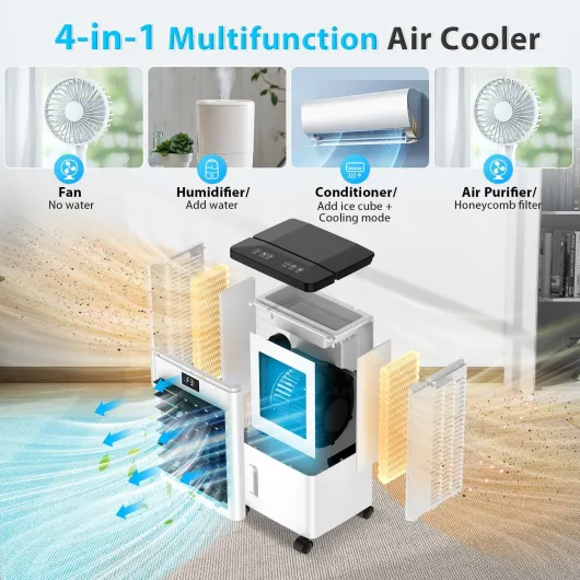 Portable Air Conditioner, 4-in-1 Evaporative Air Cooler with 3 Speeds and 120°Oscillation, 8L Large Water Tank, 45dB Quiet Cooling Fan, Energy-Saving Portable AC with Wheels for Home, Office, Bedroom