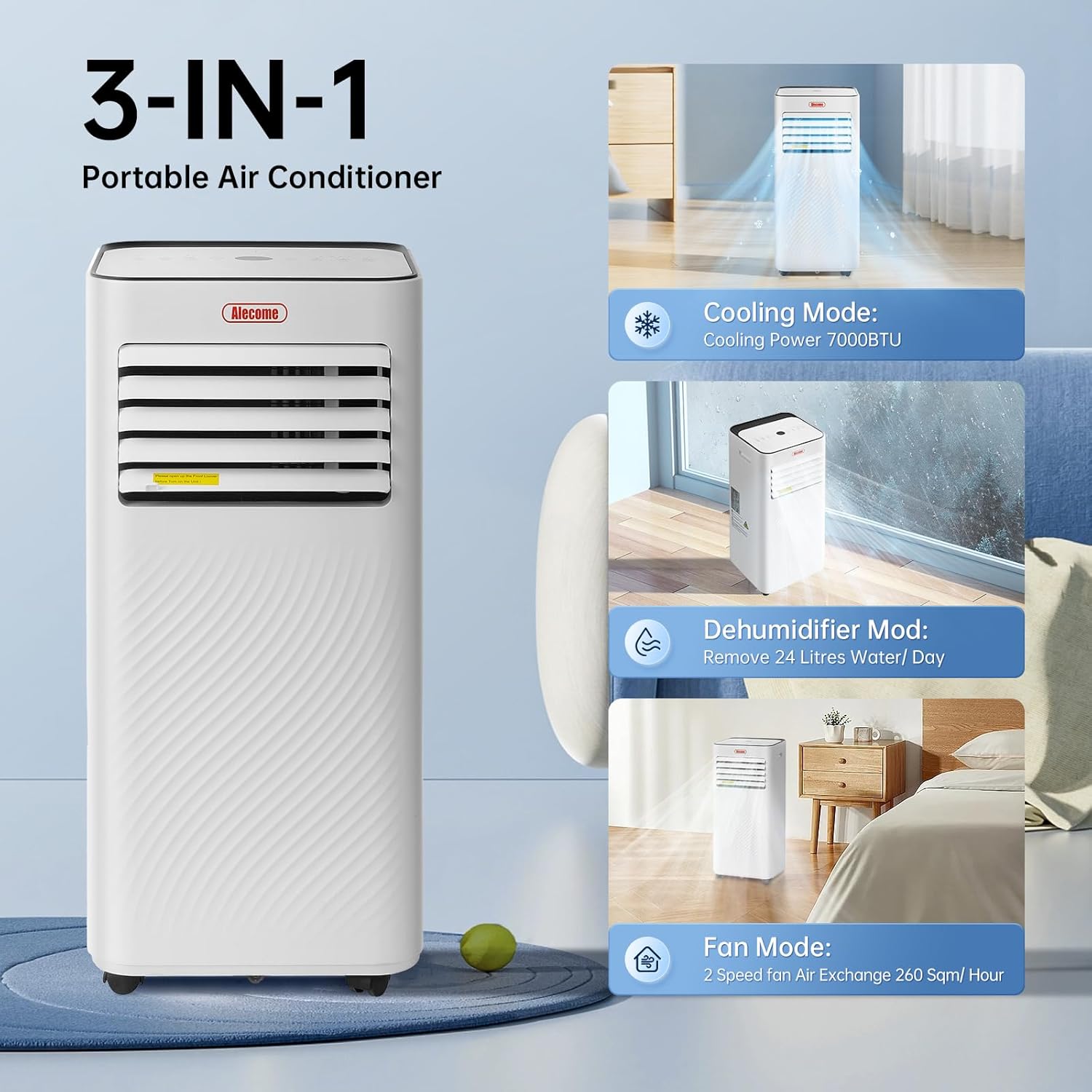 Portable Air Conditioner, 4-In-1 Air Conditioning Unit 7000 BTU, Dehumidifier, Cooling Fan with 2 Fan Speeds,Digital Display, Remote Control, 24 Hour Timer & Window Venting Kit for Rooms Up to 20sqm