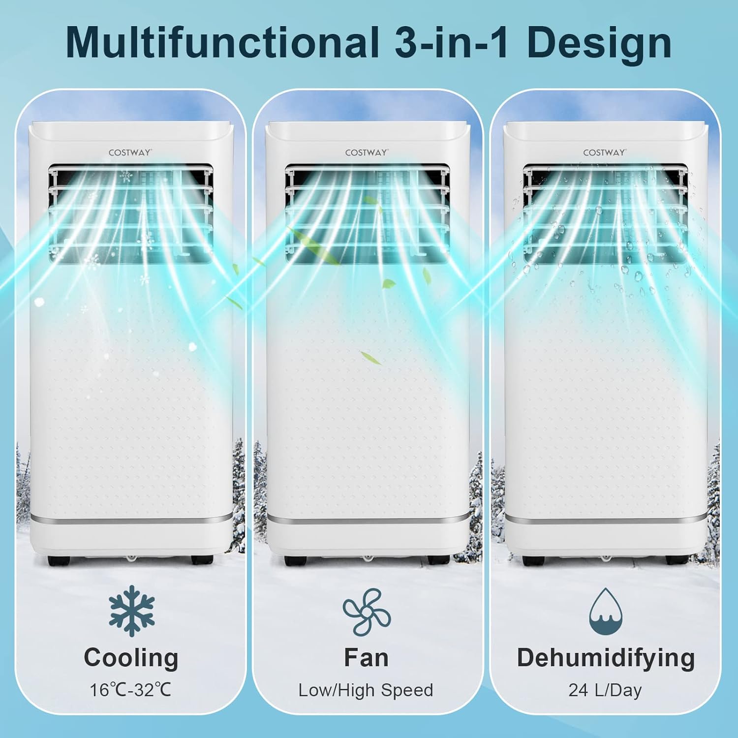 4 in 1 Portable Air Conditioner, 7000/9000 BTU Mobile Cooler, Fan and Dehumidifier with Sleep Mode, 24H Timer, 2 Fan Speed, Remote Control, LED Display, Child Lock & Window Kit (9000BTU)