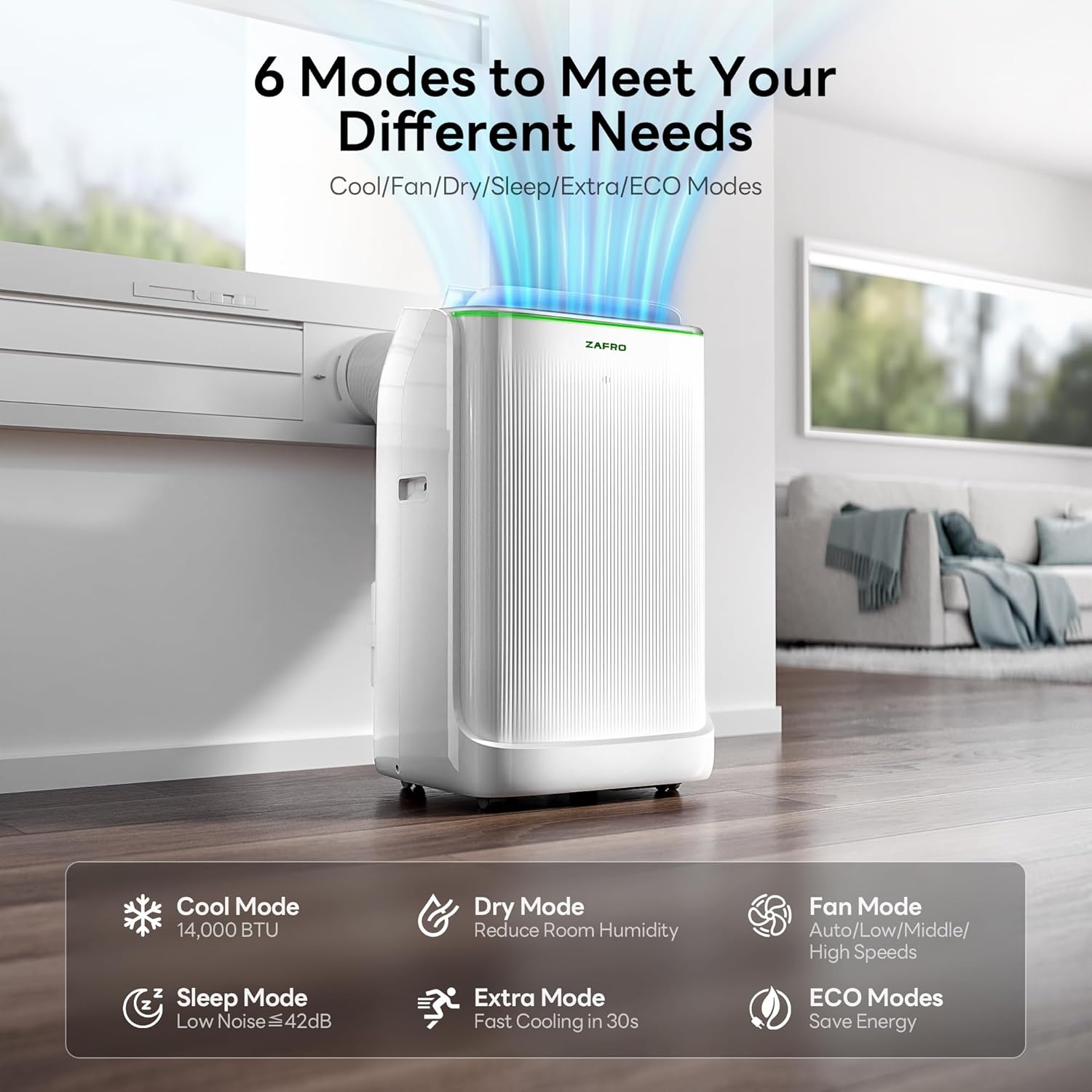 ZAFRO Inverter Portable Air Conditioner, 14000 BTU (10,000 BTU SACC), Intelligent AC Unit with Ultra Quiet Cooling (42 dB), No Drainage, 24 Hour Timer, App/Control